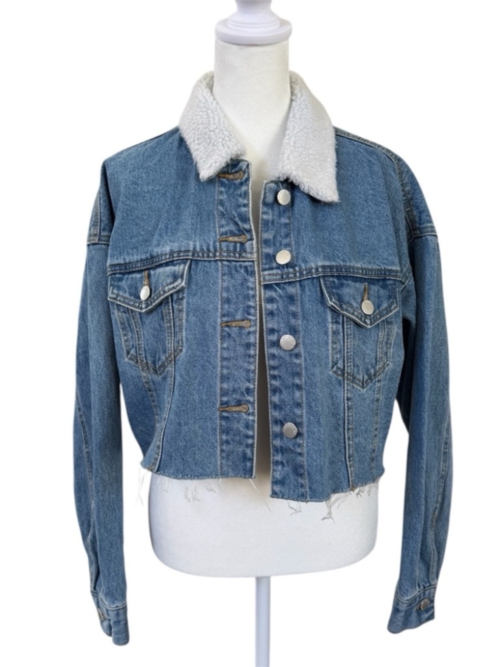 Forever 21 Cropped Sherpa‎ Denim Jacket Blue Jean Trucker S Festival Y2K Boho